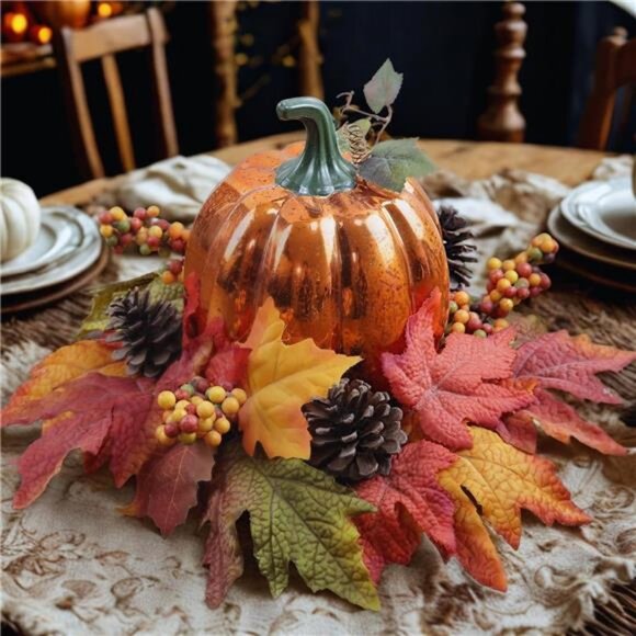 Lighted Pumpkin Fall Decor – LED Thanksgiving Decoration with Faux Maple - Picture 5 of 8